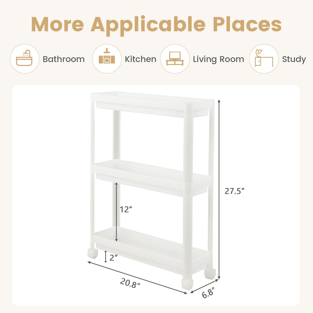 2 Pieces 3-Tier Slim Detachable Storage Cart with Drainage Holes and Wheels-White