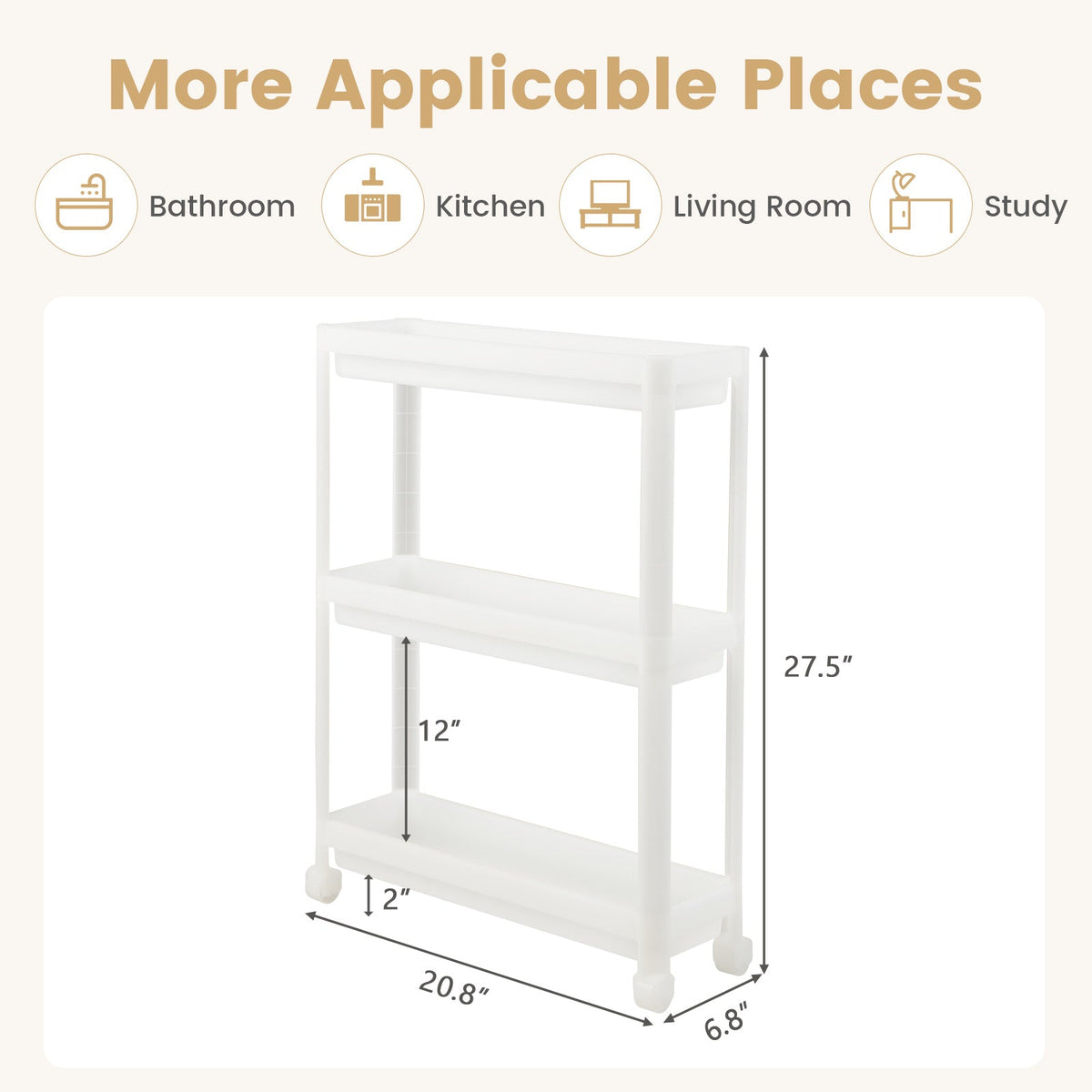 2 Pieces 3-Tier Slim Detachable Storage Cart with Drainage Holes and Wheels-White