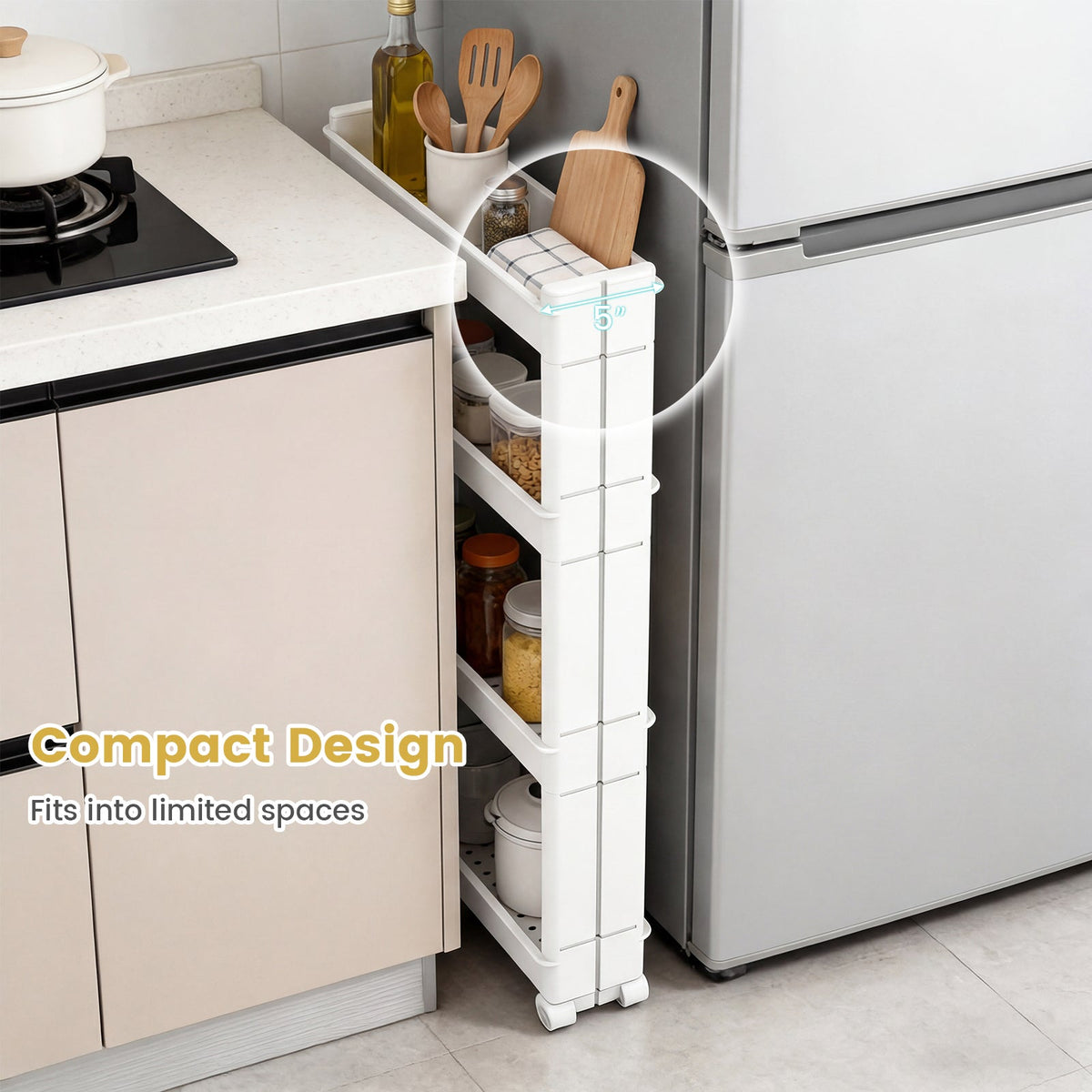 4-Tier Multifunctional Slim Storage Trolley with Detachable Trays-White