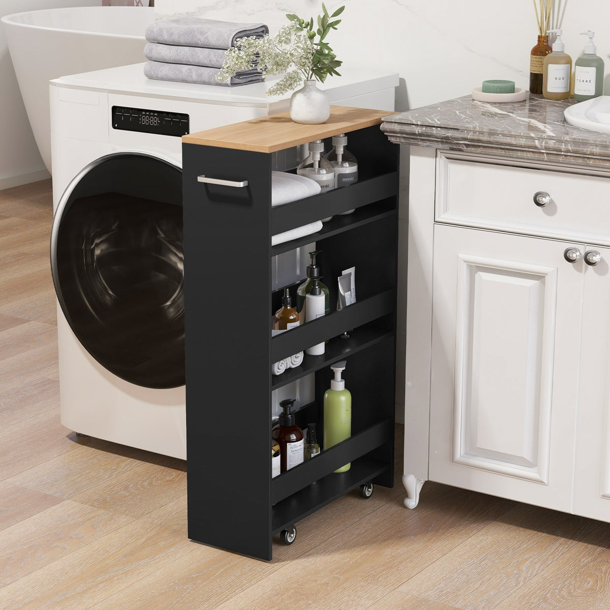 4-Tier Rolling Storage Cart Slim Kitchen Cart on Wheels with Open Shelves and Handle