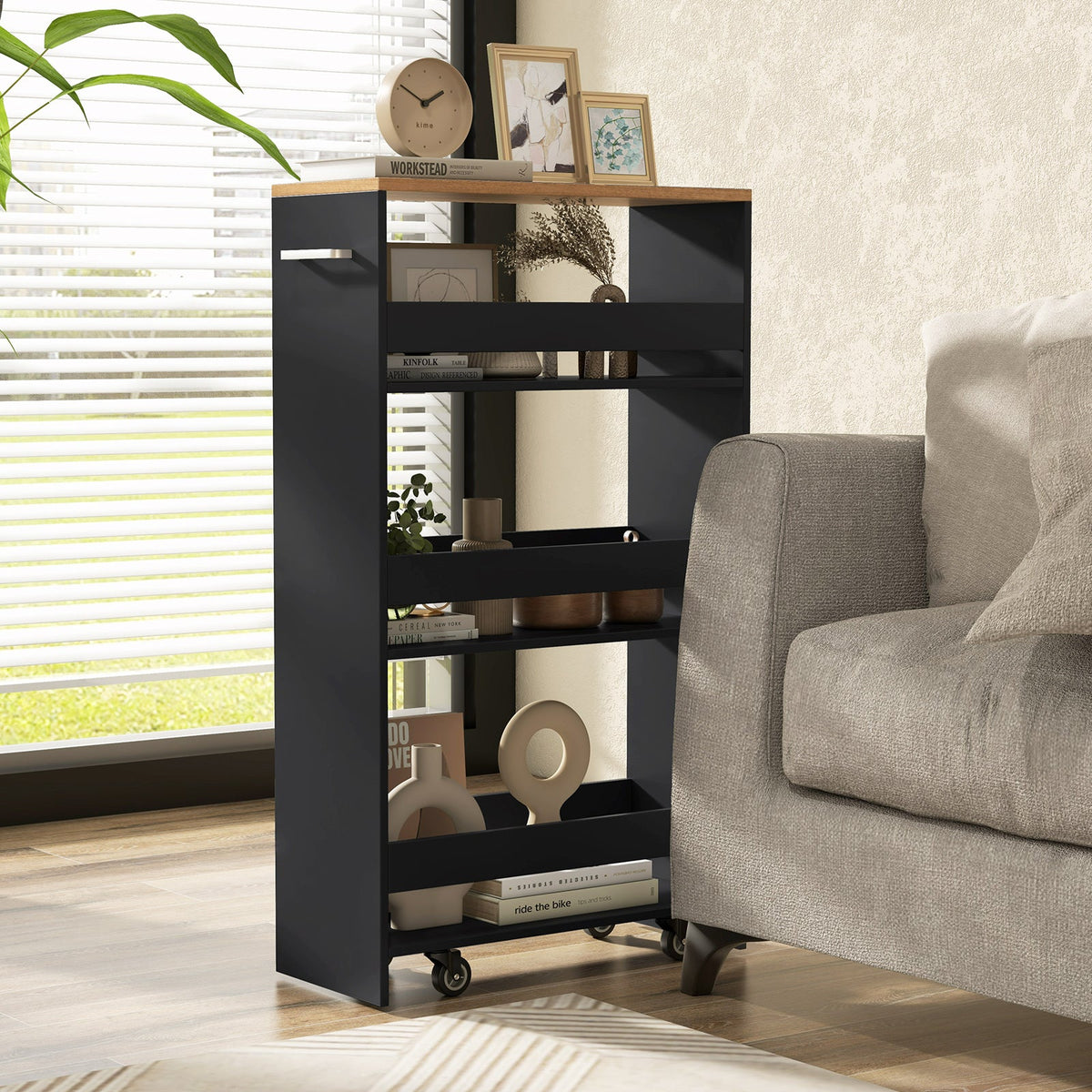 4-Tier Rolling Storage Cart Slim Kitchen Cart on Wheels with Open Shelves and Handle