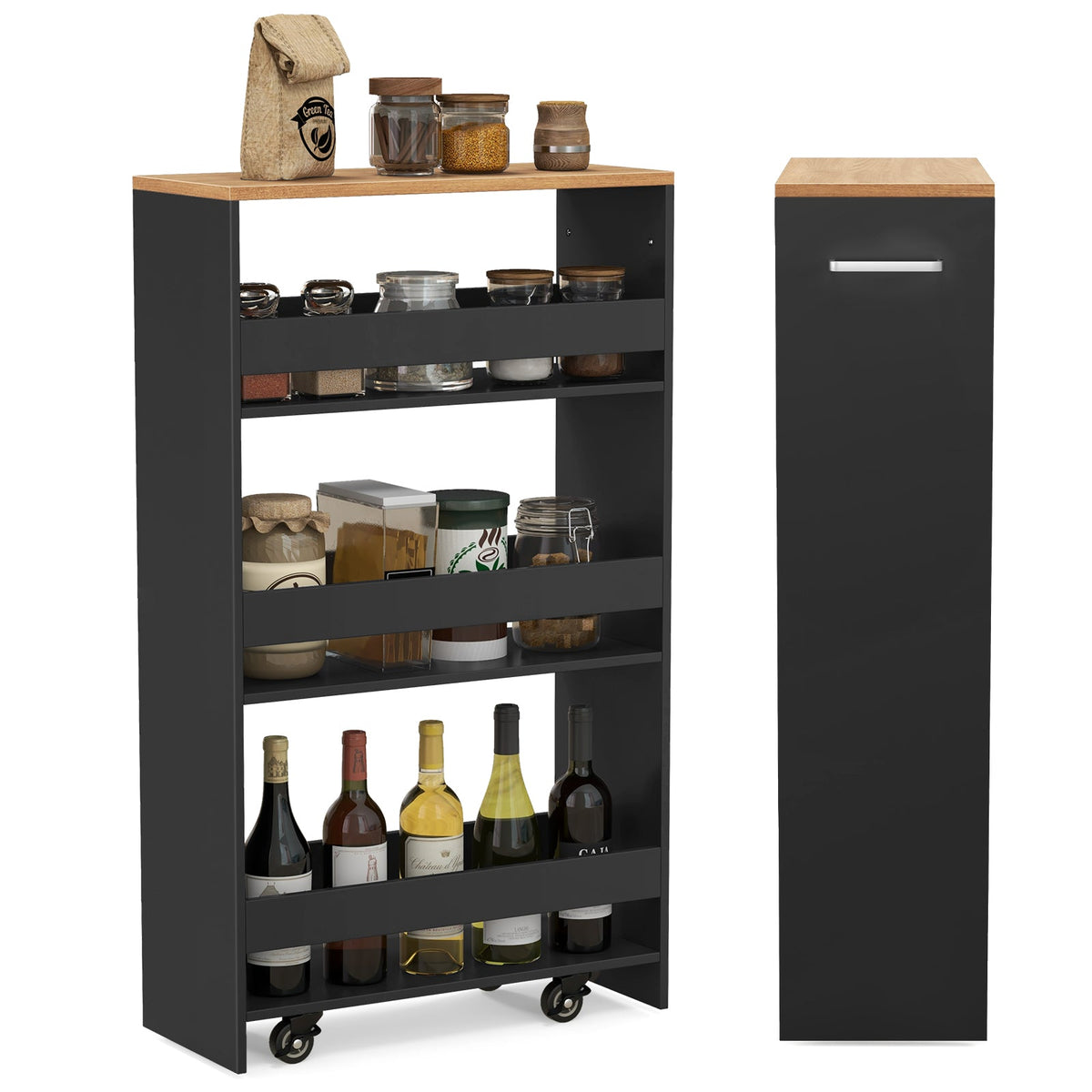 4-Tier Rolling Storage Cart Slim Kitchen Cart on Wheels with Open Shelves and Handle