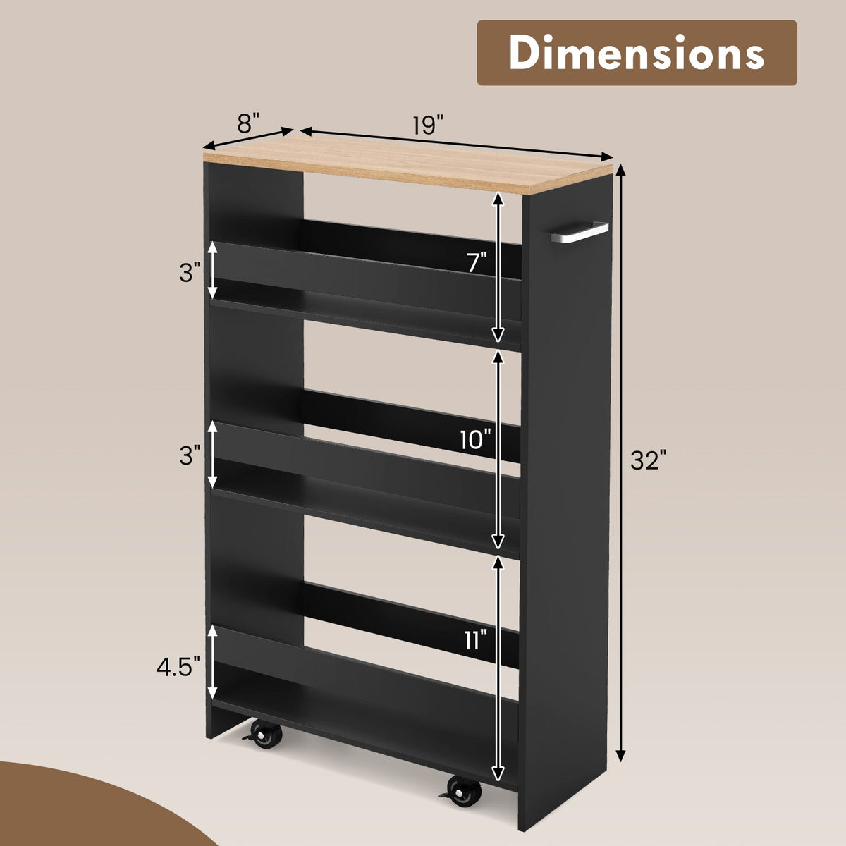 4-Tier Rolling Storage Cart Slim Kitchen Cart on Wheels with Open Shelves and Handle