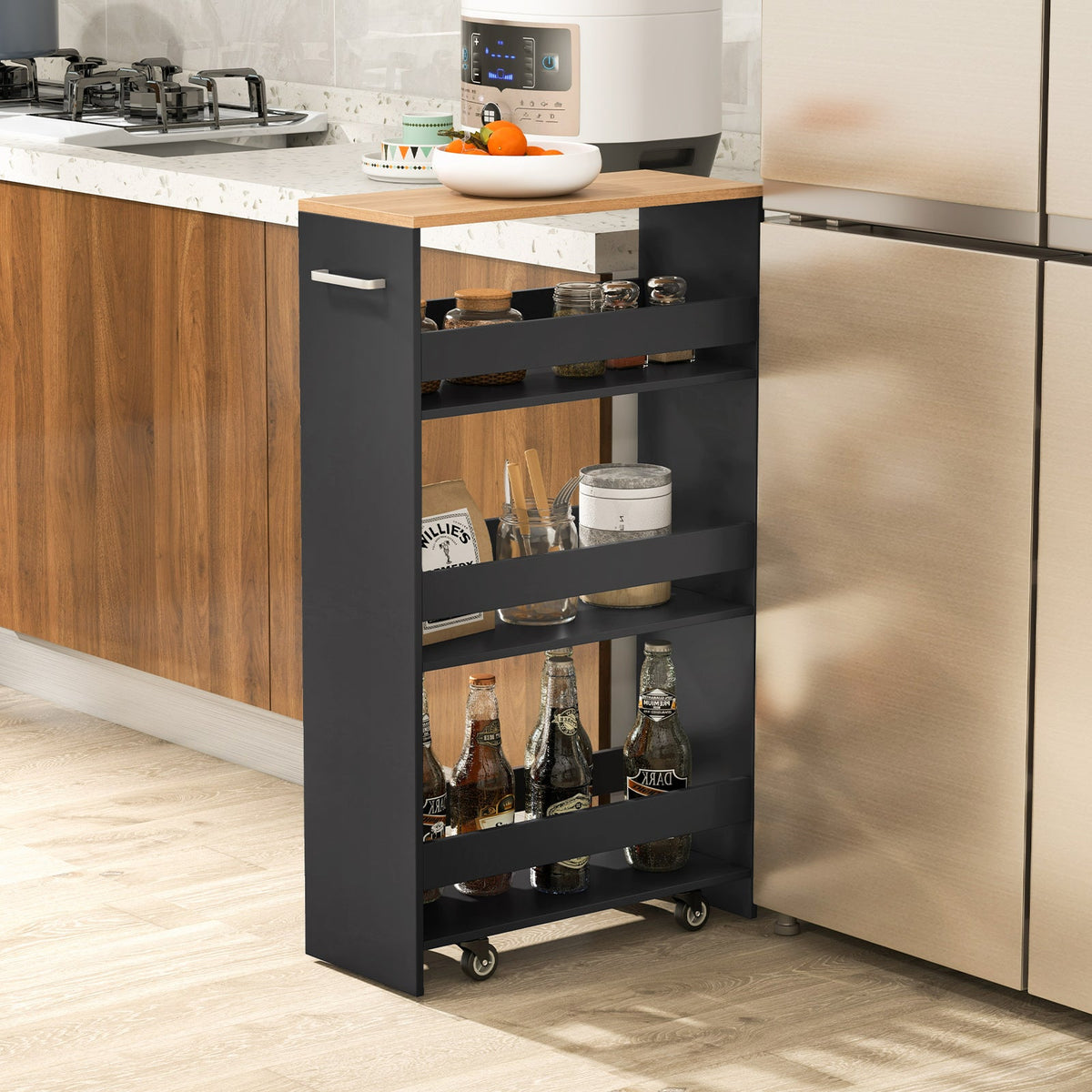 4-Tier Rolling Storage Cart Slim Kitchen Cart on Wheels with Open Shelves and Handle