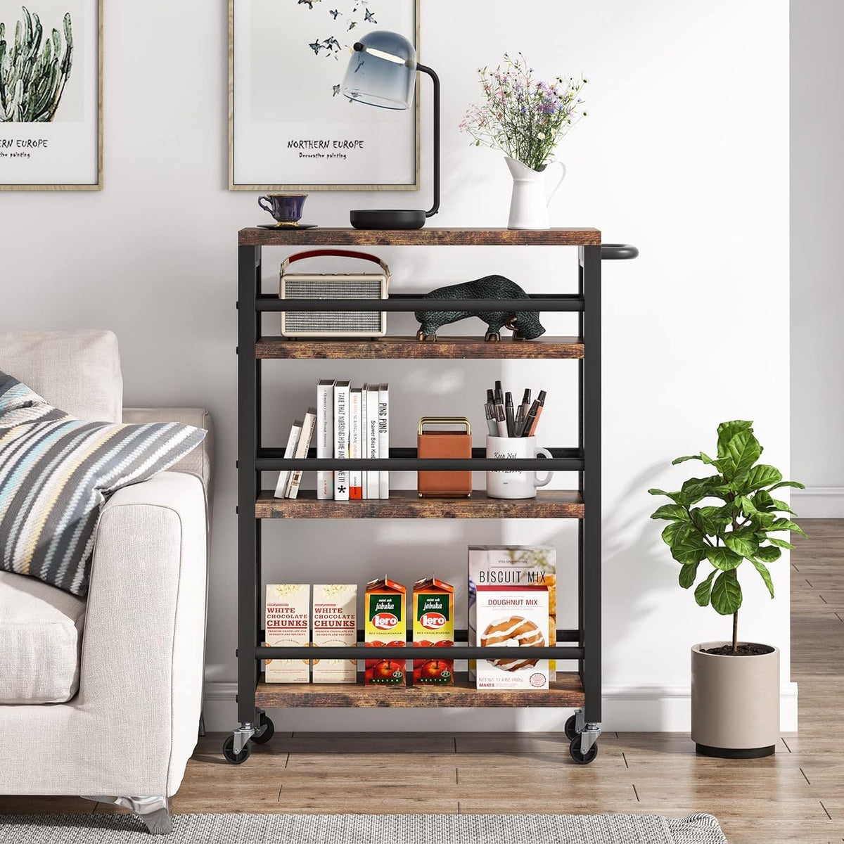 Slim 4 Tier Rolling Utility Cart With Wheels, Narrow Kitchen Storage Trolley - Brown / Black