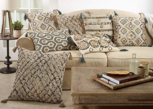 Fennco Styles Geometric Block Print Embroidered Cotton Decorative Throw Pillow - Multicolored Throw Pillow for Home, Couch, Living Room, Bedroom Décor