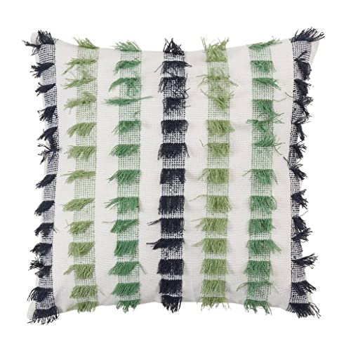 Fennco Styles Boho Striped Fringe Cotton Decorative Throw Pillow 20" W X 20" L – Blue Textured Cushion for Couch, Sofa, Bedroom, Office and Living Room Décor