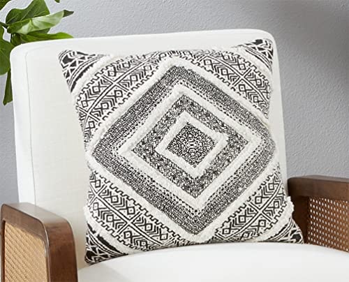 Fennco Styles Embellished Diamond Tufted Cotton Decorative Throw Pillow Cover 18" W x 18" L - Black Woven Square Cushion Case for Home, Couch, Living Room, Bedroom, Office and Holiday Décor