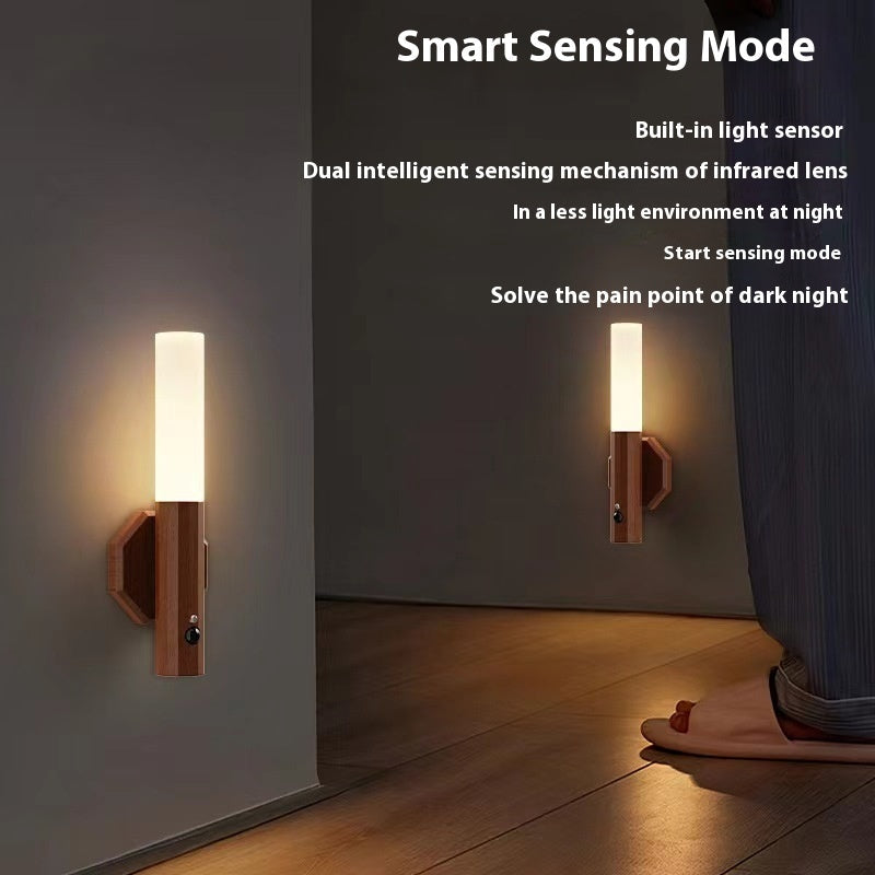 Wood Grain Magnetic LED Wall Lamp – Motion Sensor Night Light