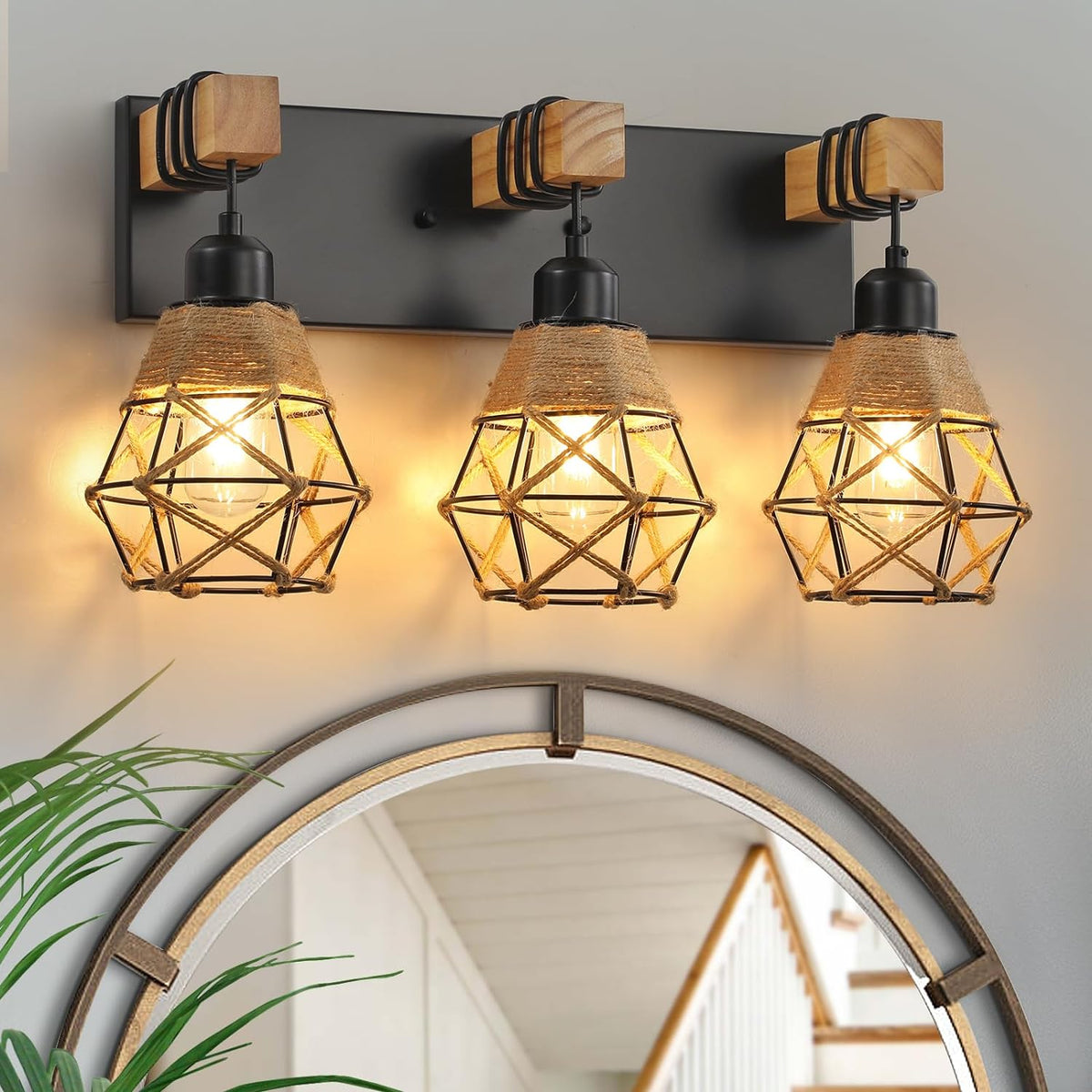 Rustic Rattan Style Wood Bathroom Vanity Wall Sconce
