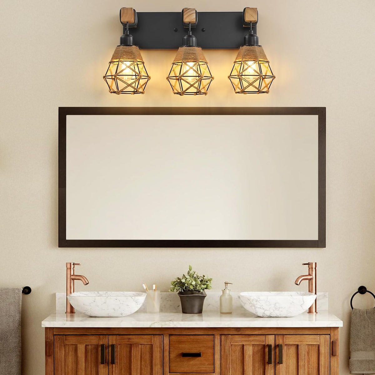 Rustic Rattan Style Wood Bathroom Vanity Wall Sconce