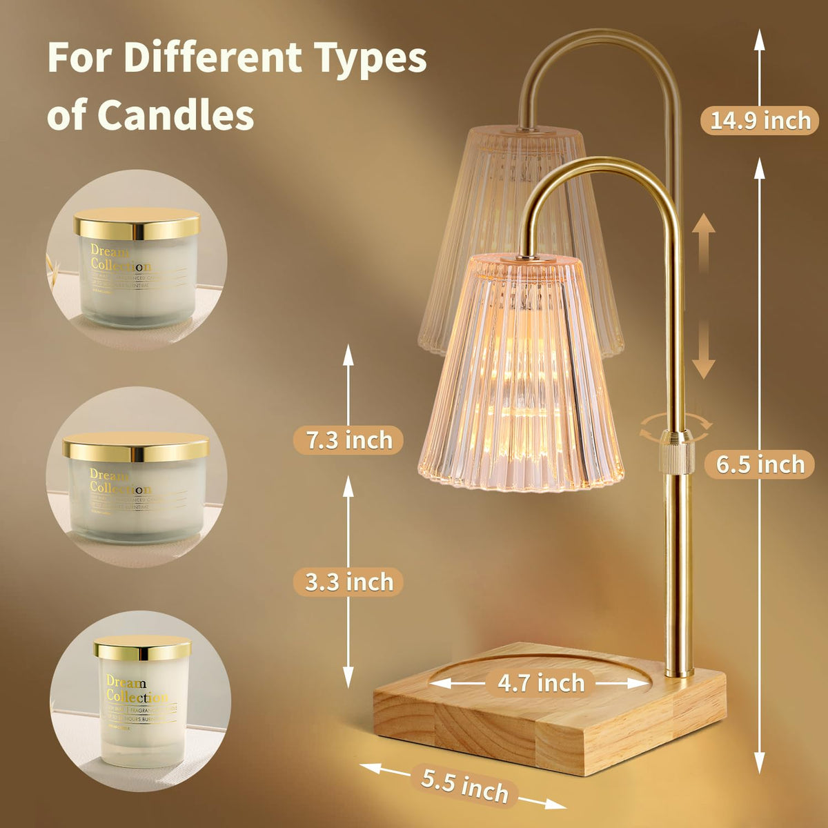 Candle Warmer Lamp with Dimmer, Adjustable Height, 2 Bulbs, Amber