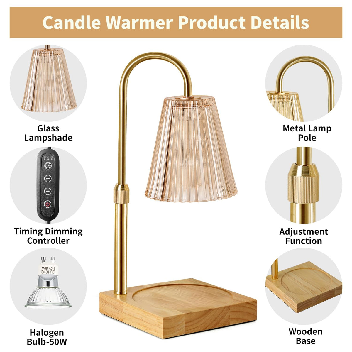 Candle Warmer Lamp with Dimmer, Adjustable Height, 2 Bulbs, Amber