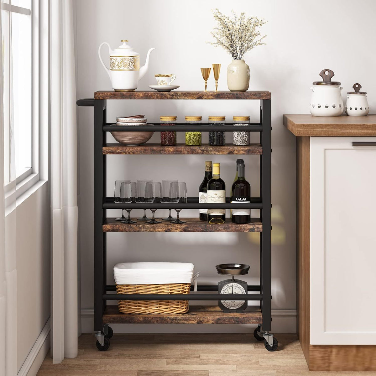 Slim 4 Tier Rolling Utility Cart With Wheels, Narrow Kitchen Storage Trolley - Brown / Black