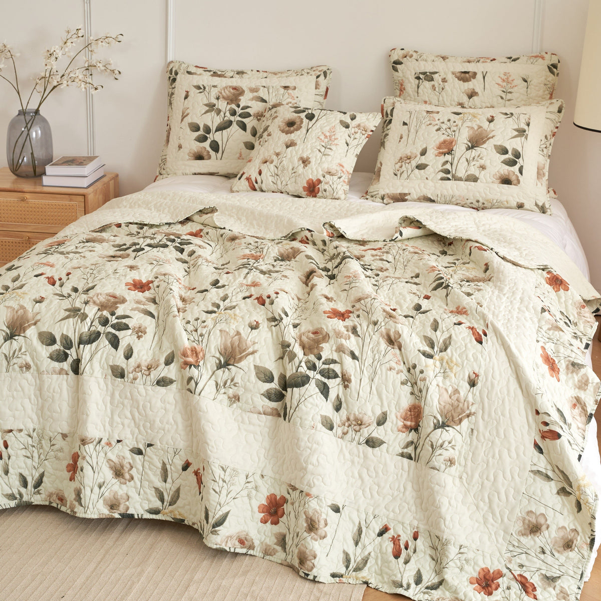 DaDalogy Enchanted Meadow Bed in a bag Set - Victoria Garden Delicate Floral Symphony in Beige, Rose, and Soft Green, Luxuriously Soft Quilted Set
