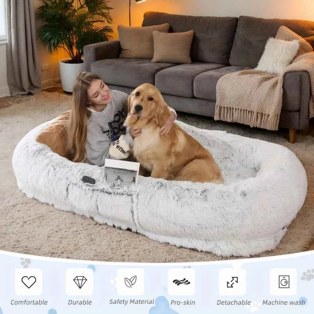 Human Dog Bed – Washable Faux Fur Orthopedic Bolster Bed for People & Pets, Giant Napping Bed, 2 Sizes