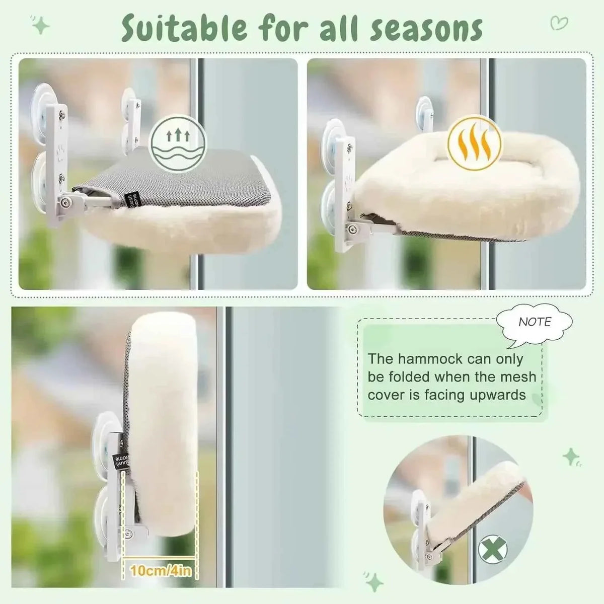 Cat Window Hammock Perch – Suction Cup Wall-Mount Sunbathing Seat with Reversible Plush Cover, 2 Sizes