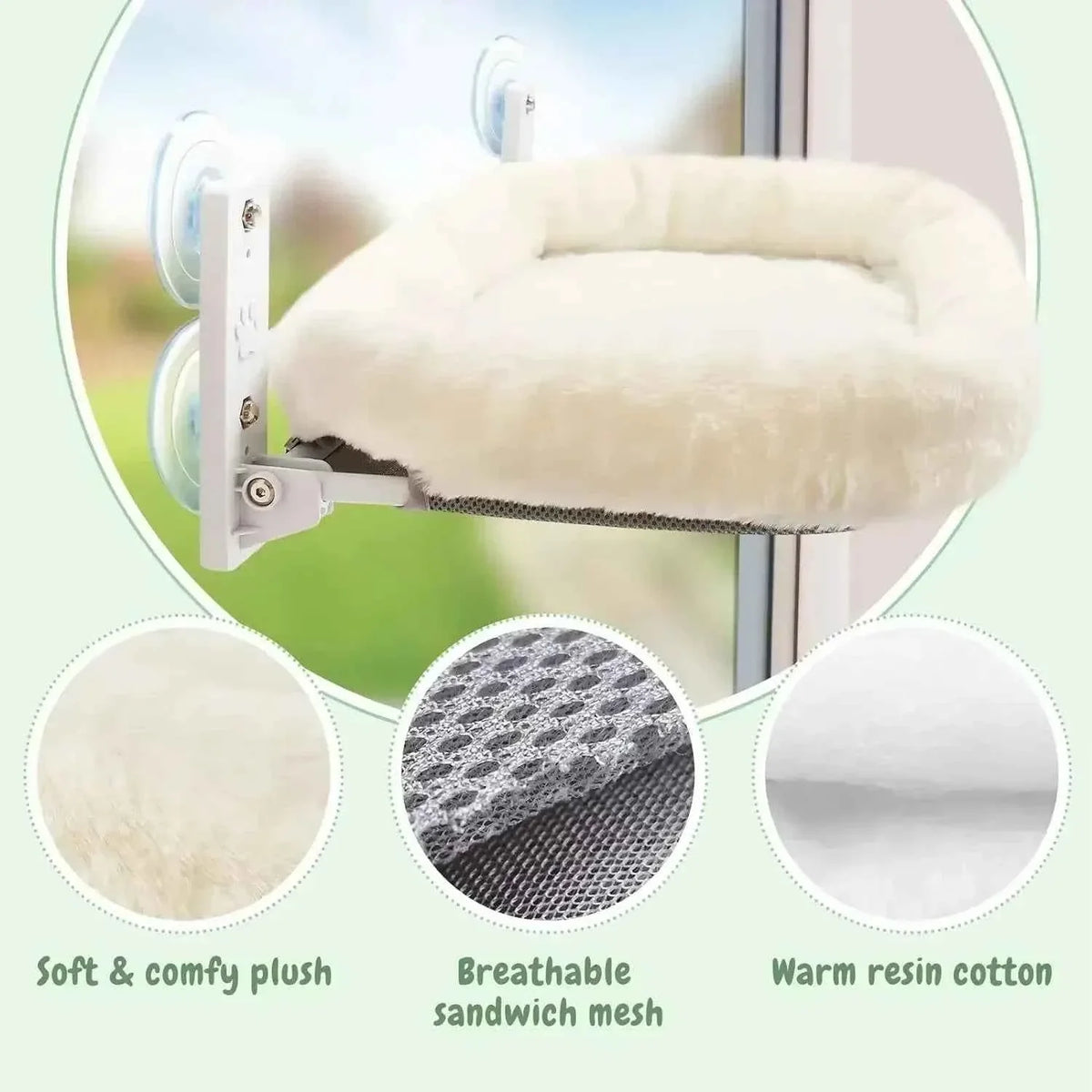 Cat Window Hammock Perch – Suction Cup Wall-Mount Sunbathing Seat with Reversible Plush Cover, 2 Sizes