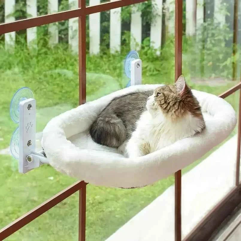 Cat Window Hammock Perch – Suction Cup Wall-Mount Sunbathing Seat with Reversible Plush Cover, 2 Sizes