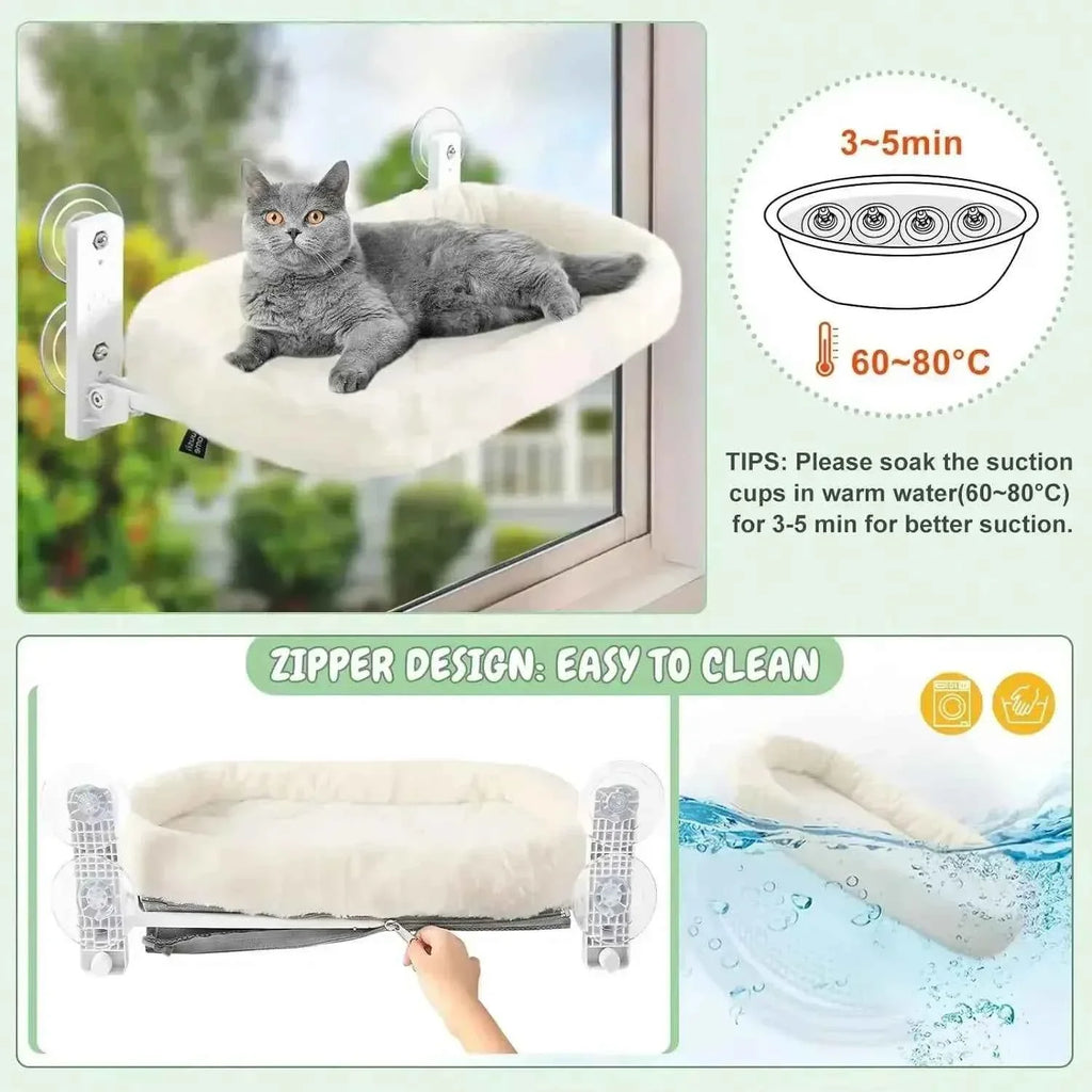 Cat Window Hammock Perch – Suction Cup Wall-Mount Sunbathing Seat with Reversible Plush Cover, 2 Sizes