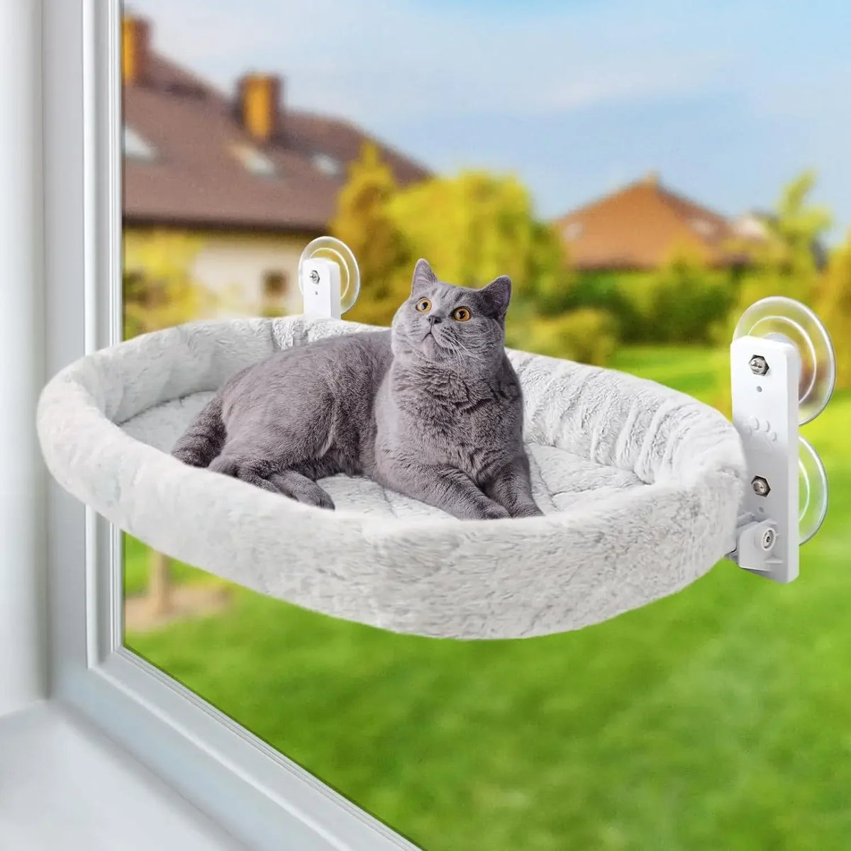 Cat Window Hammock Perch – Suction Cup Wall-Mount Sunbathing Seat with Reversible Plush Cover, 2 Sizes