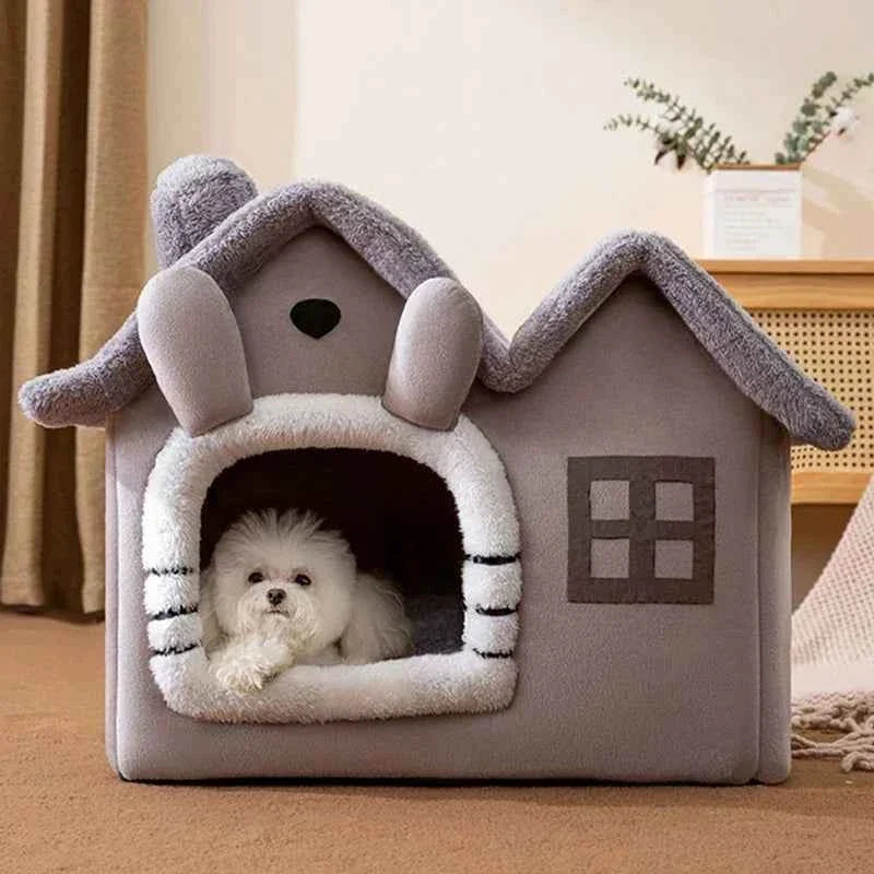 Foldable Pet Cave Kennel – Warm Suede Dog Cat House Nest Bed, Puppy Cave Sofa, 2 Colors & 2 Sizes