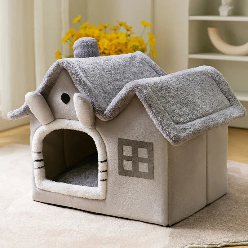Foldable Pet Cave Kennel – Warm Suede Dog Cat House Nest Bed, Puppy Cave Sofa, 2 Colors & 2 Sizes
