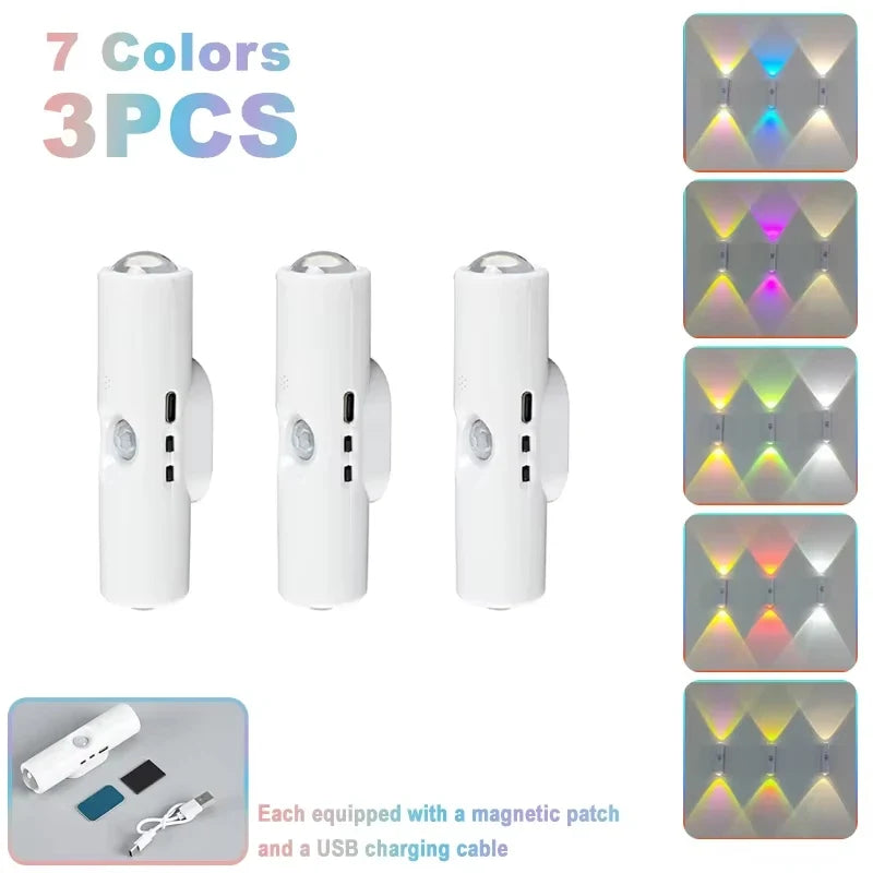Double-head LED Night Light with Motion Sensor RGB Rechargeable Magnetic Wall Lamp Mood Ambient Light for Cabinet Hallway Stair