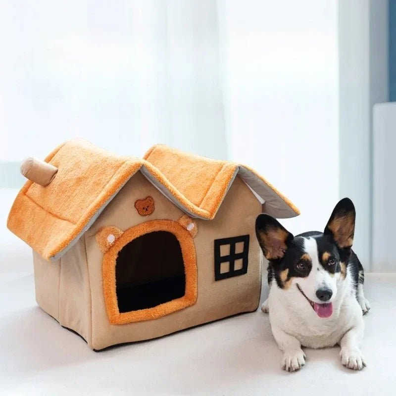 Foldable Pet Cave Kennel – Warm Suede Dog Cat House Nest Bed, Puppy Cave Sofa, 2 Colors & 2 Sizes