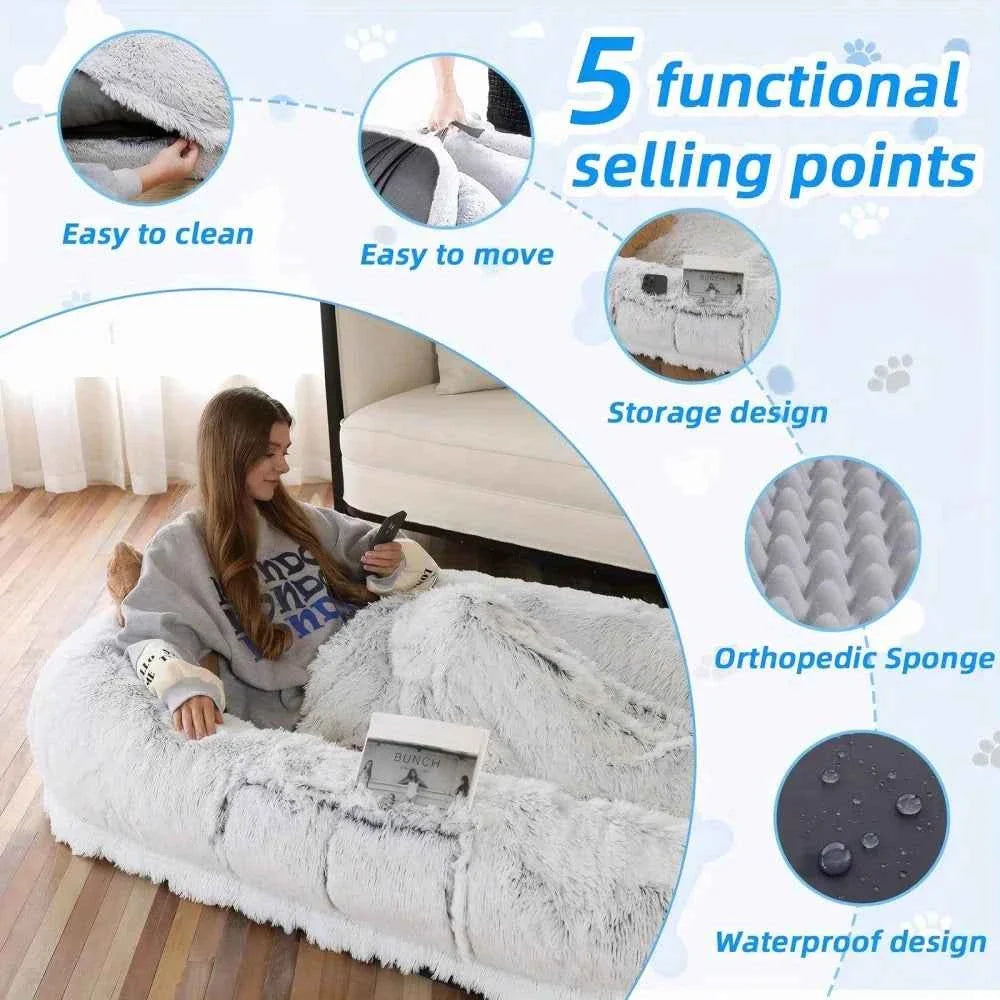 Human Dog Bed – Washable Faux Fur Orthopedic Bolster Bed for People & Pets, Giant Napping Bed, 2 Sizes