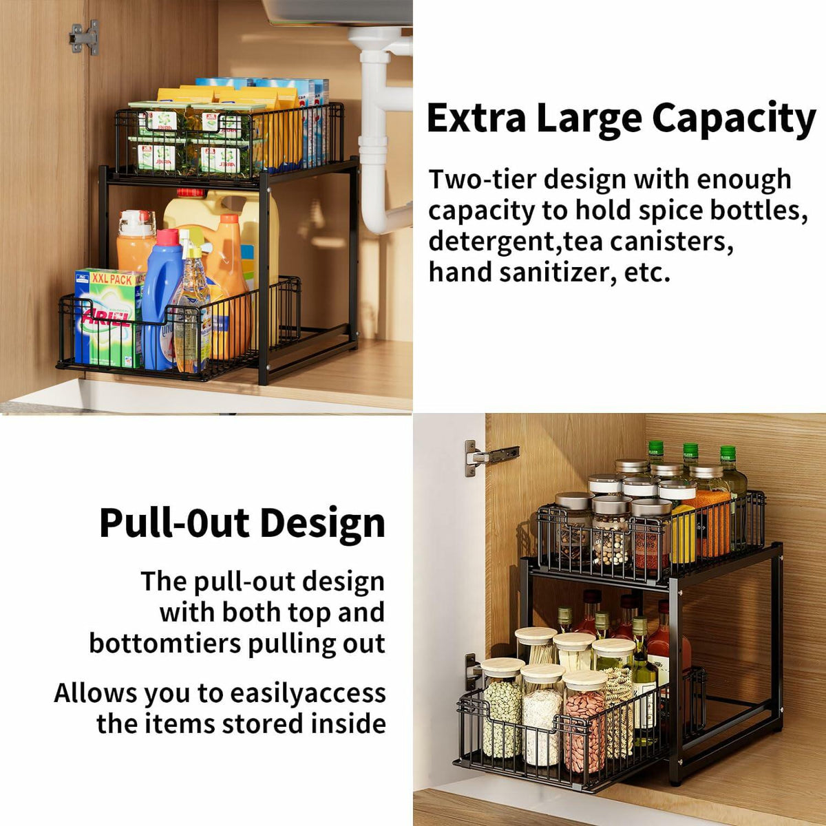 Under Sink Organizer, 2-Tier Pull Out Cabinet Organizer, Metal