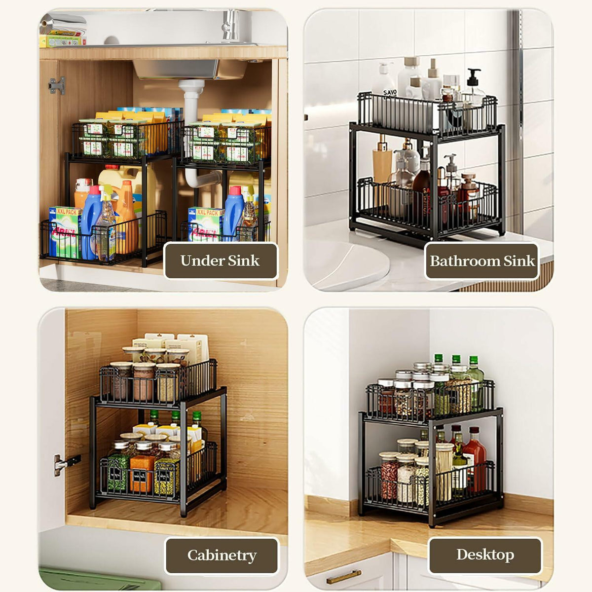 Under Sink Organizer, 2-Tier Pull Out Cabinet Organizer, Metal